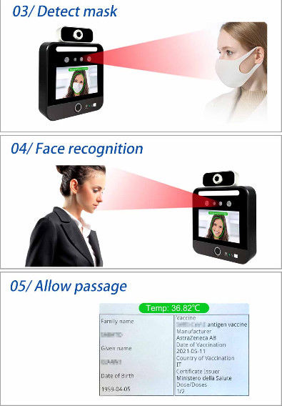 Leitor facial da passagem do verde do código de Qr do quiosque do varredor da temperatura do tela táctil de 5 IPS da polegada