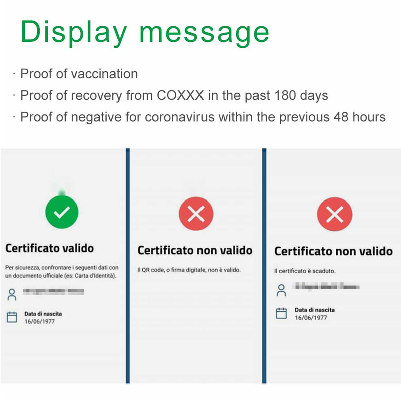 Varredor verde da passagem de Italy Checked Green do leitor de código da saúde do Eu do passaporte de COVID 19 Digitas